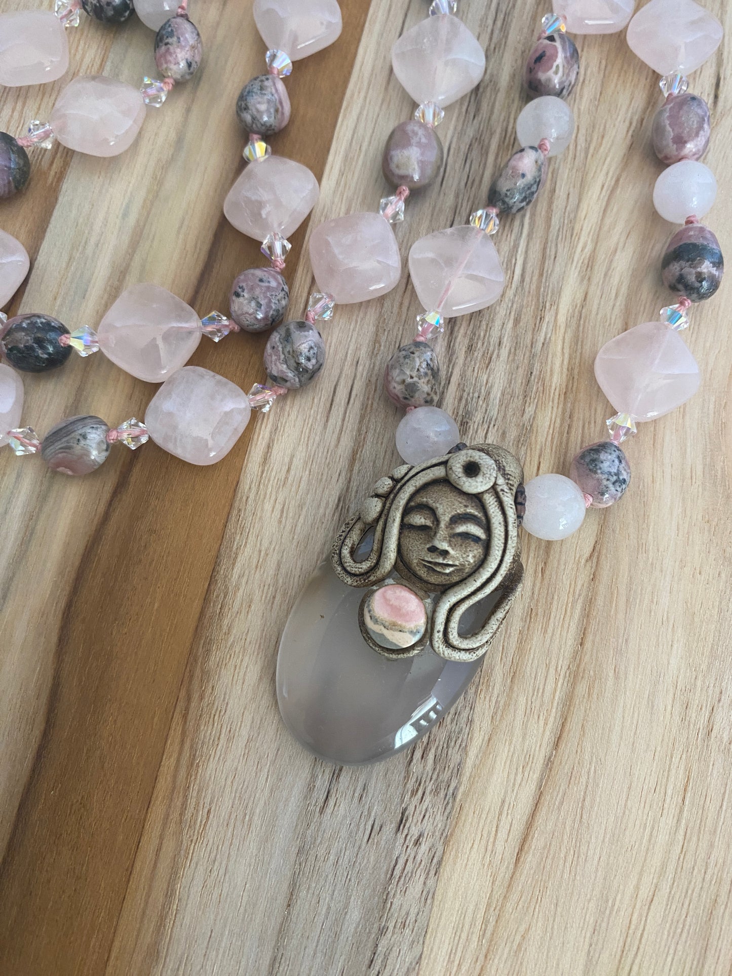 28" Long Polymer Clay Pendant Necklace with Rose Quartz, Rhodonite & Swarovski Crystal Beads
