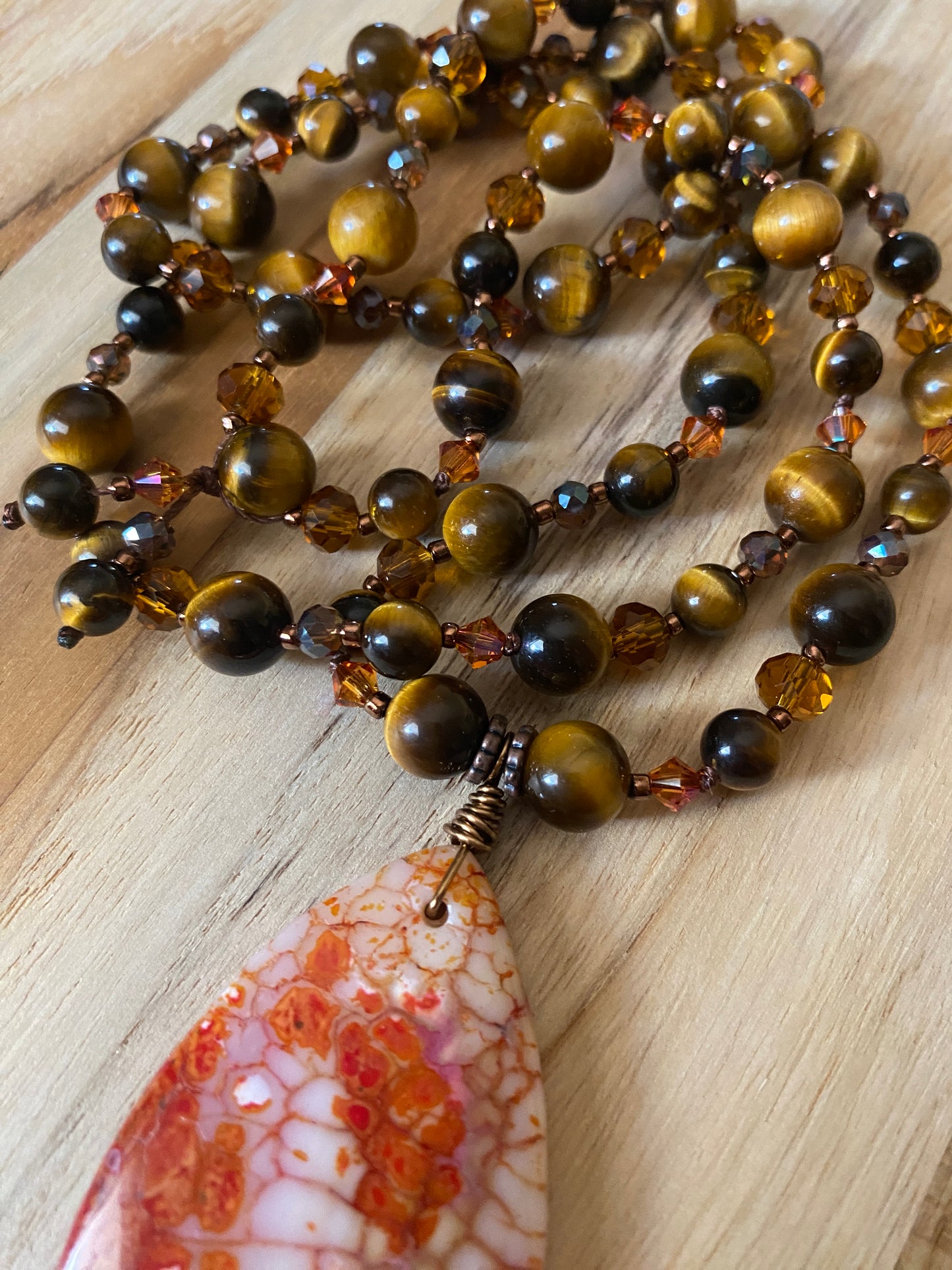 Long Dragon Vein Agate Pendant Necklace with Tiger Eye and Crystal Beads