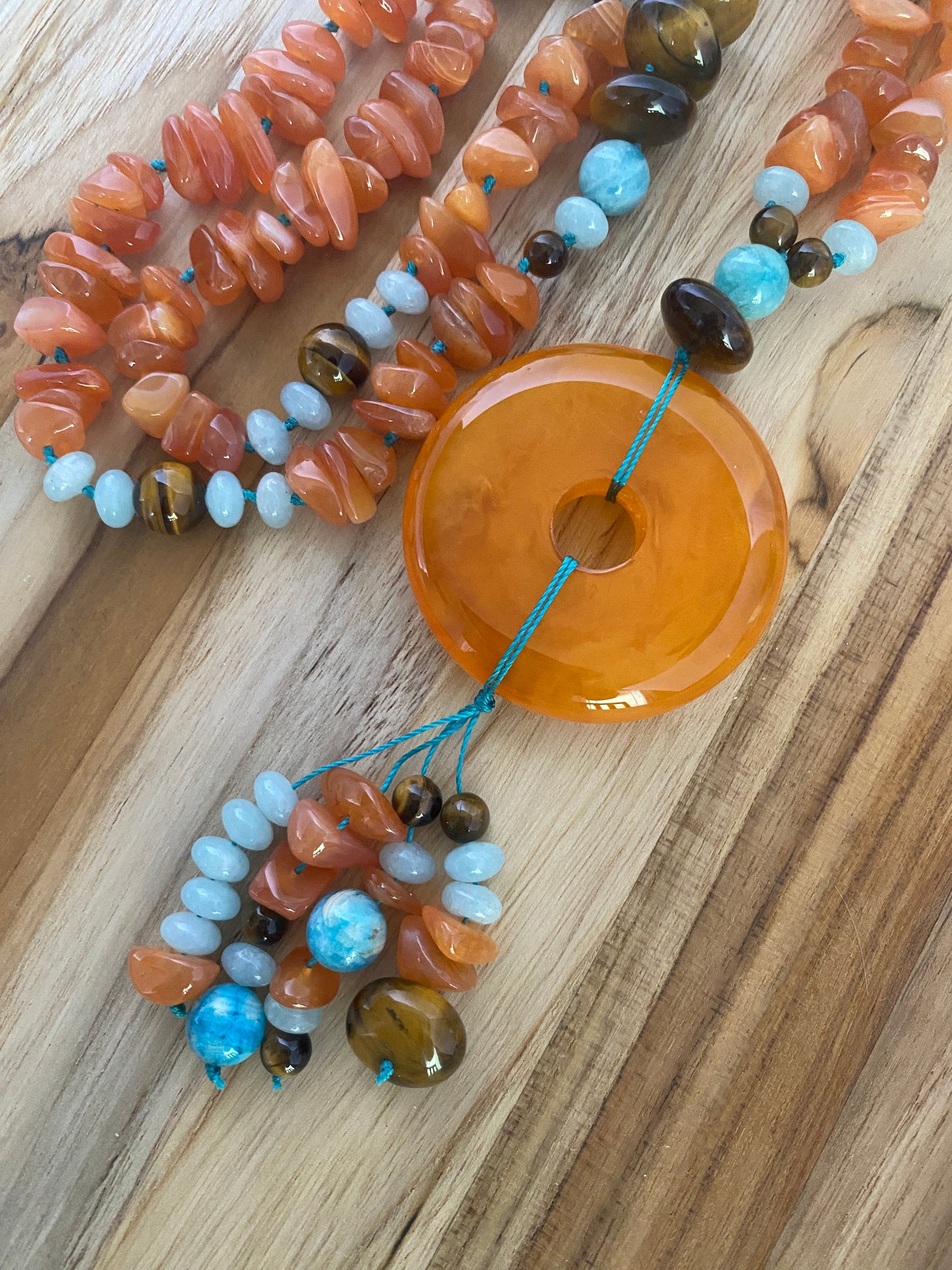 28" Long Orange Donut Beaded Necklace with Agate, Quartz & Tiger Eye Beads