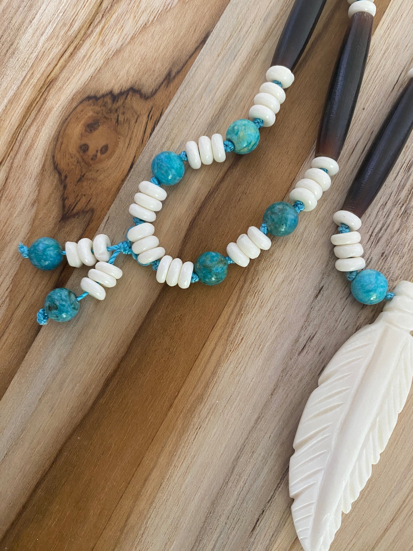 28" Long Feather Necklace with Brown & Turquoise Beads