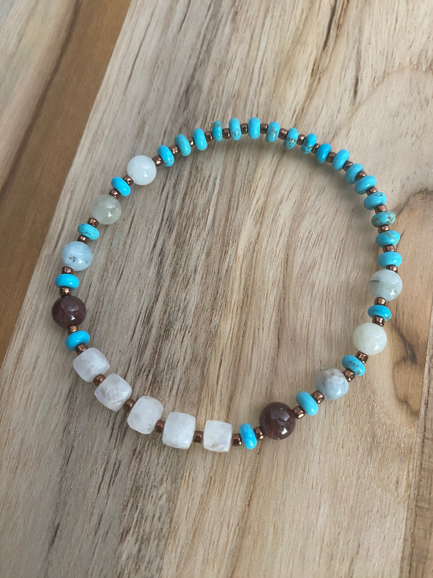 Multi Gemstone Stretch Bracelet with Moonstone Garnet Turquoise and Aquamarine