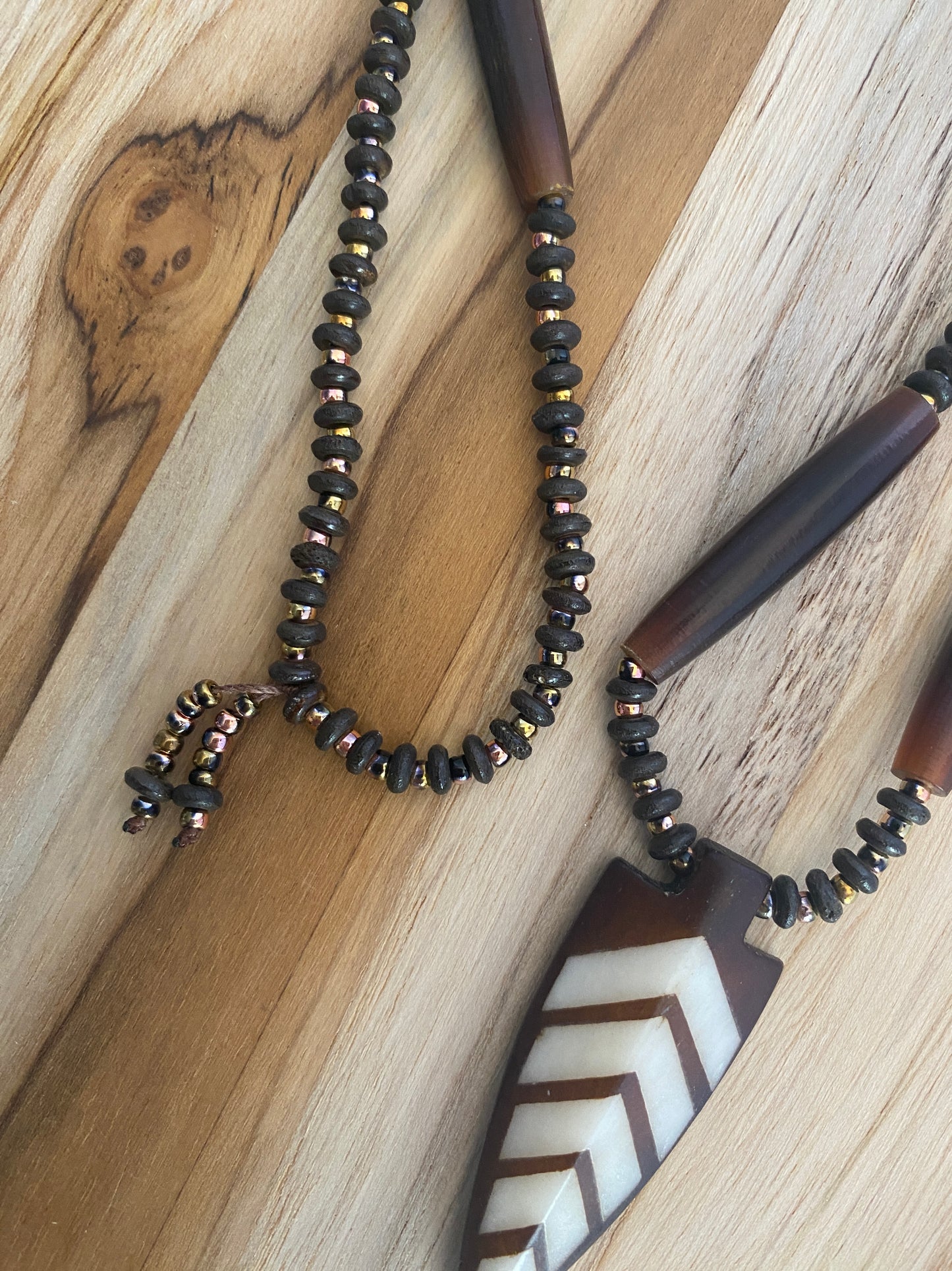30" Long Unisex Native Inspired Arrowhead Pendant Necklace with Hairpipe, Horn & Seed Beads