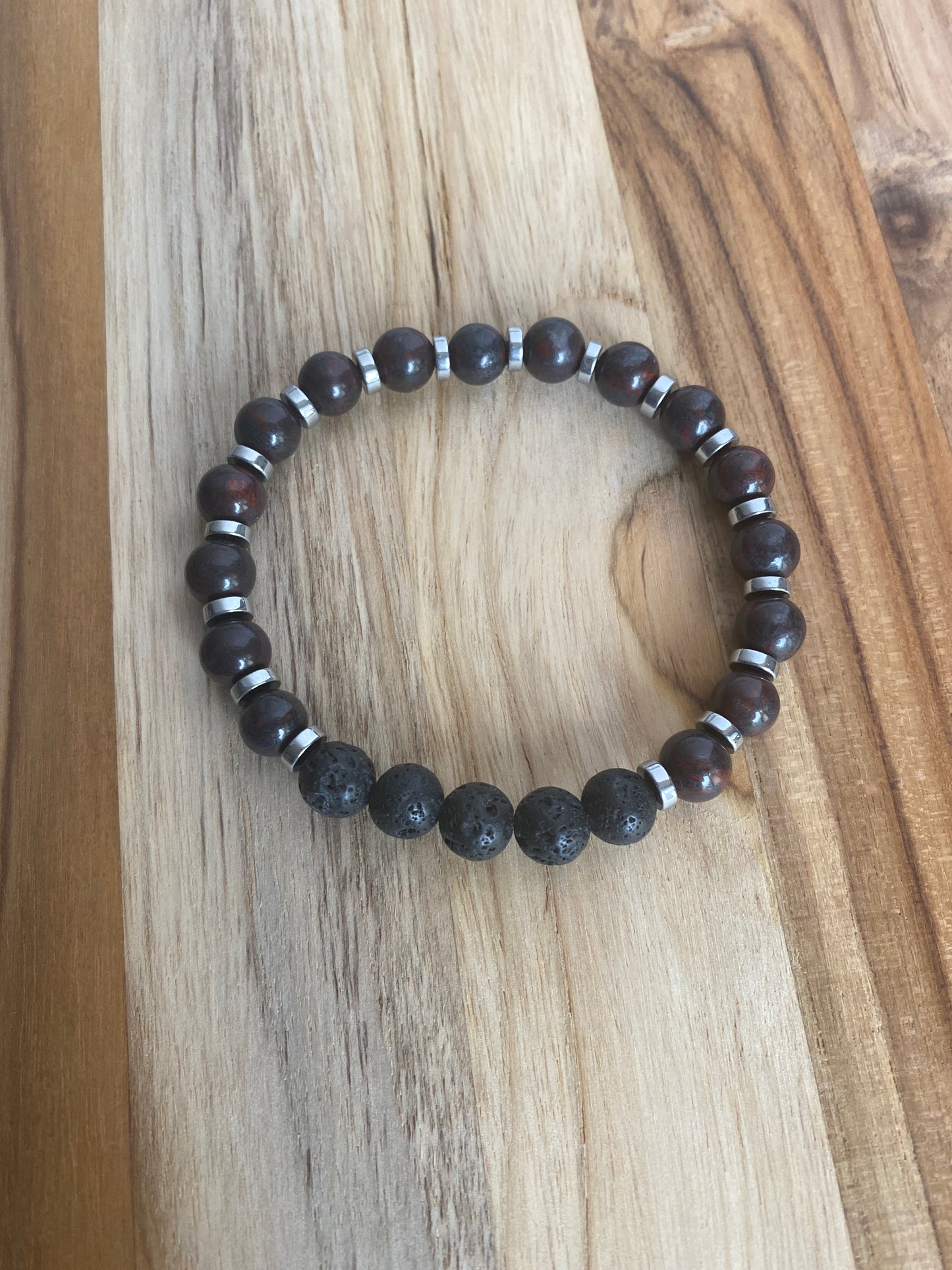 Unisex Dark Saffron Jasper Beaded Stretch Bracelet with Hematite Beads