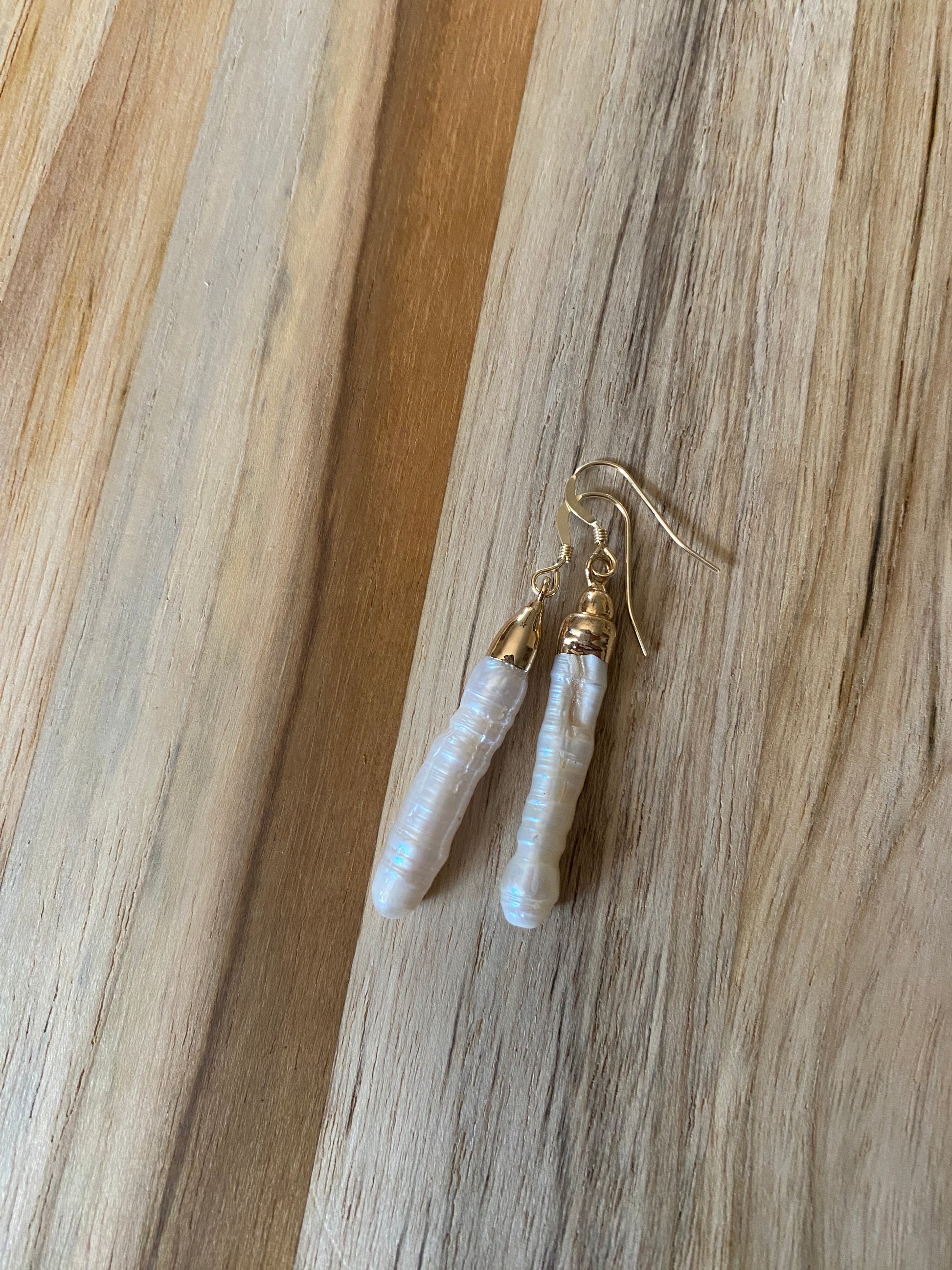 Long White Stick Pearl Dangle Earrings with Gold Filled Ear Wire - My Urban Gems