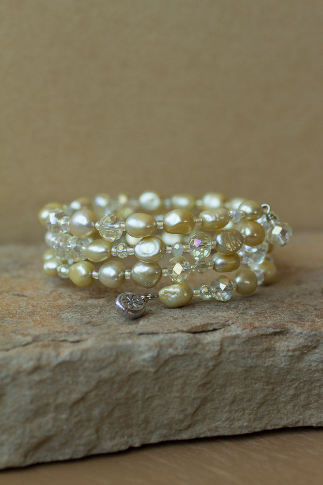 Lemon / Yellow Faux Pearl and Crystal Memory Wire Beaded Bracelet
