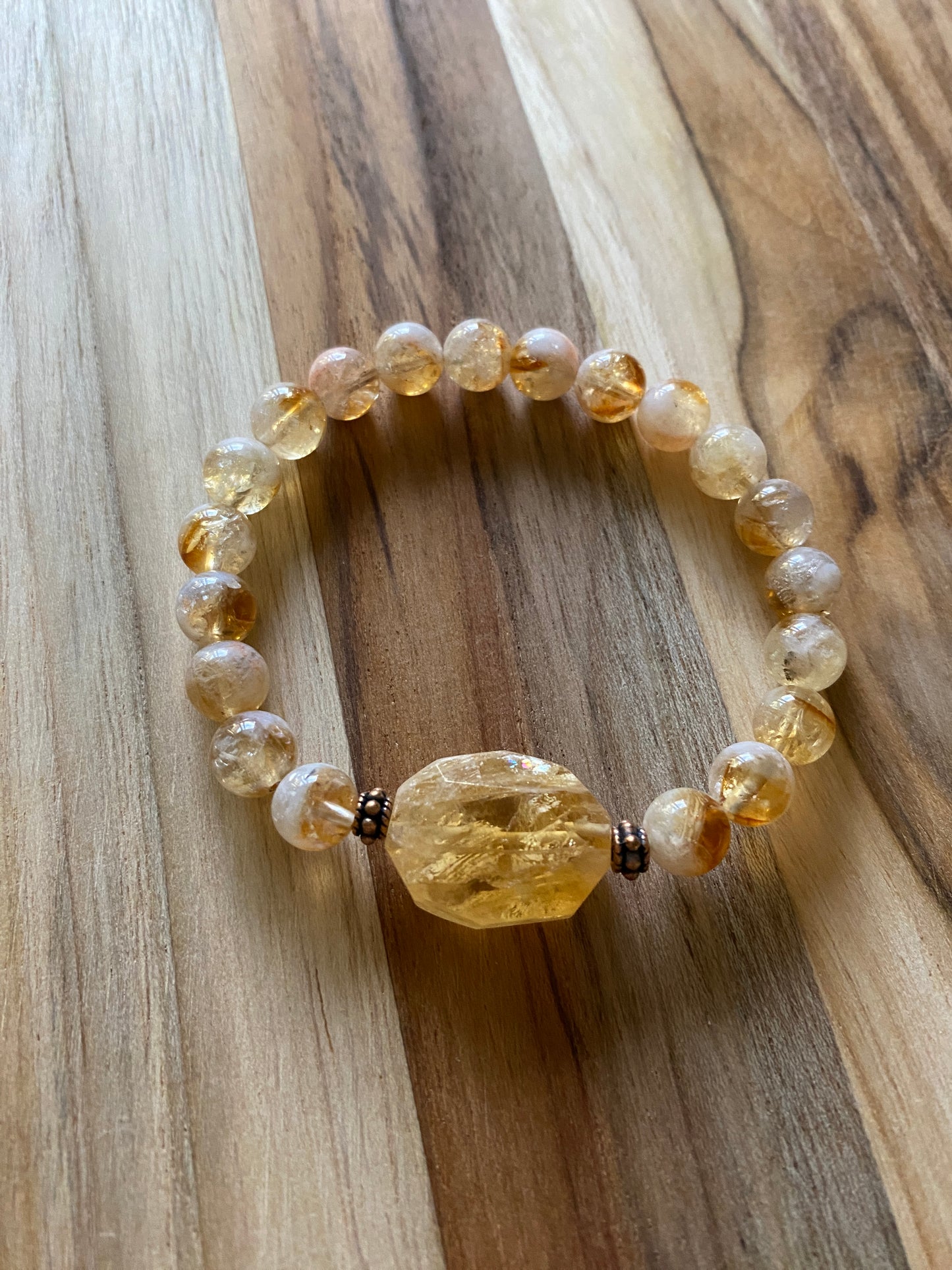 Citrine Nugget Stretch Bracelet with Smooth Round Citrine Beads