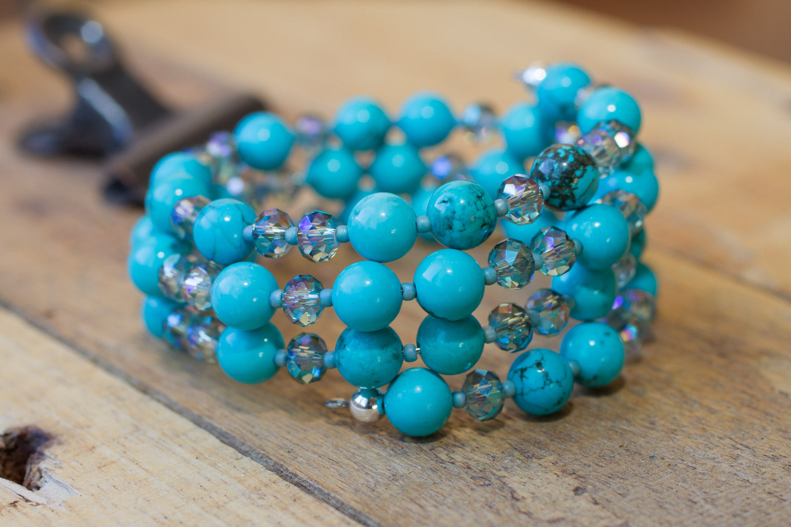 Turquoise & Crystal Memory Wire Beaded Bracelet - My Urban Gems