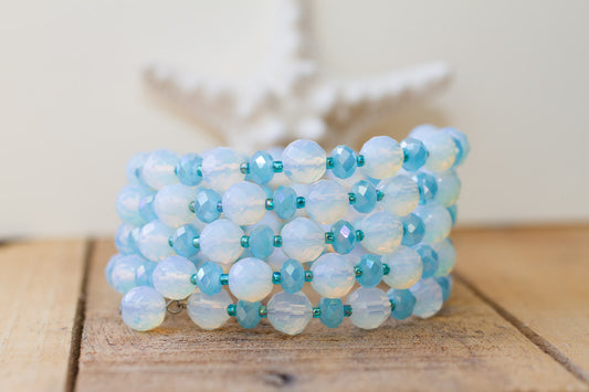 Opalite Glass & Turquoise Blue Crystal Memory Wire Beaded Bracelet - My Urban Gems