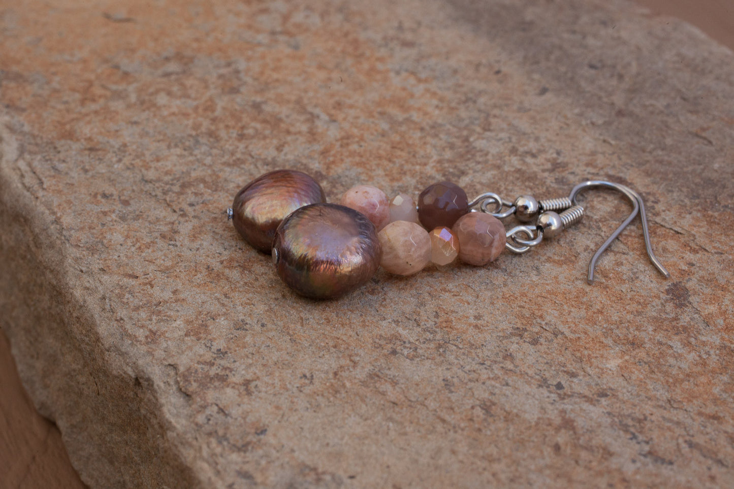 Brown Freshwater Pearl, Sunstone & Crystal Earrings