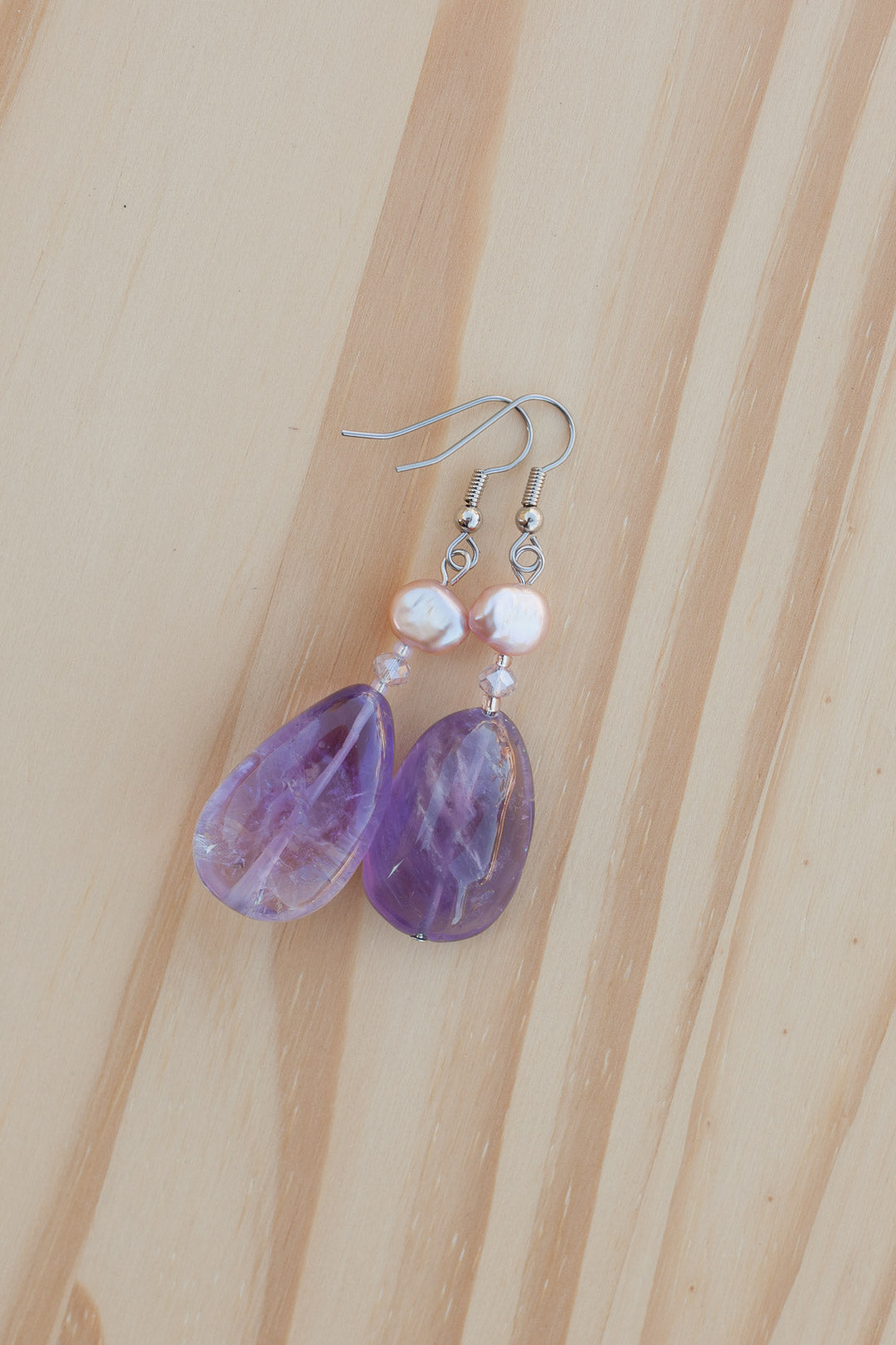 Rose Amethyst Dangle Earrings with Pearl & Crystal Beads