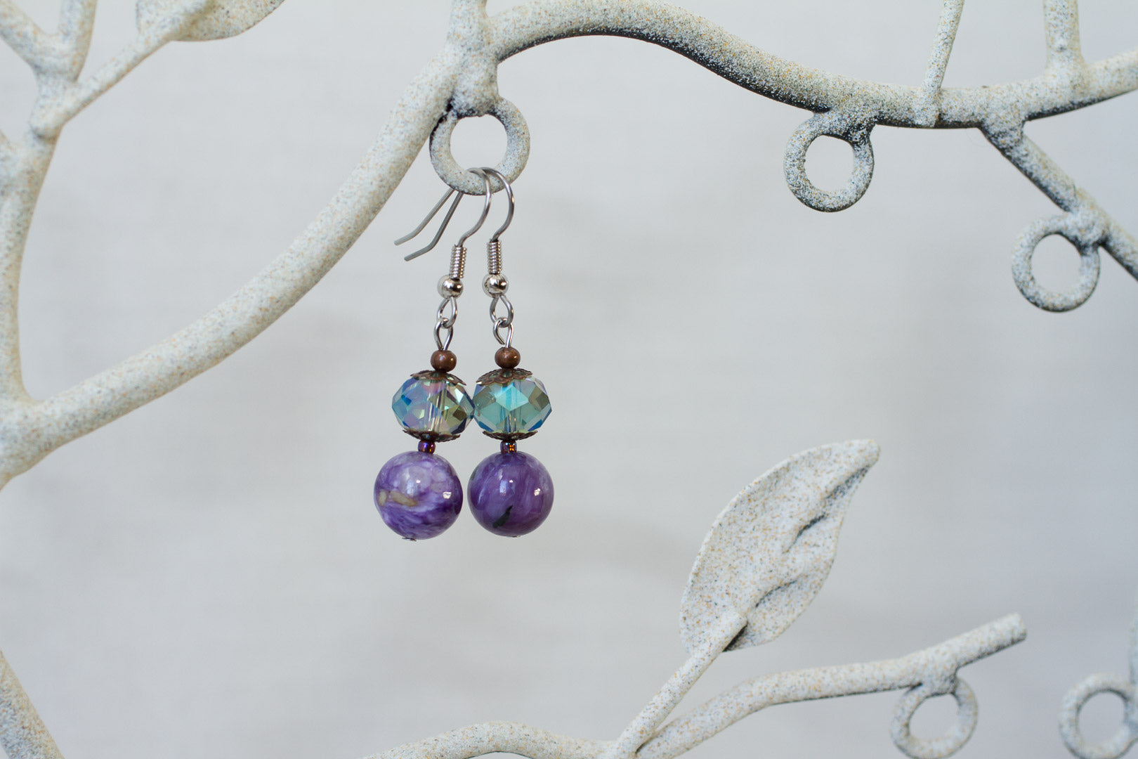 Purple Charoite, Crystal & Copper Dangle Earrings - My Urban Gems