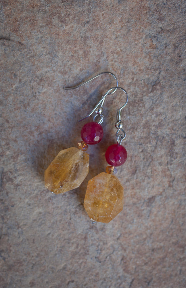 Golden Citrine & Plum Jade Dangle Earrings