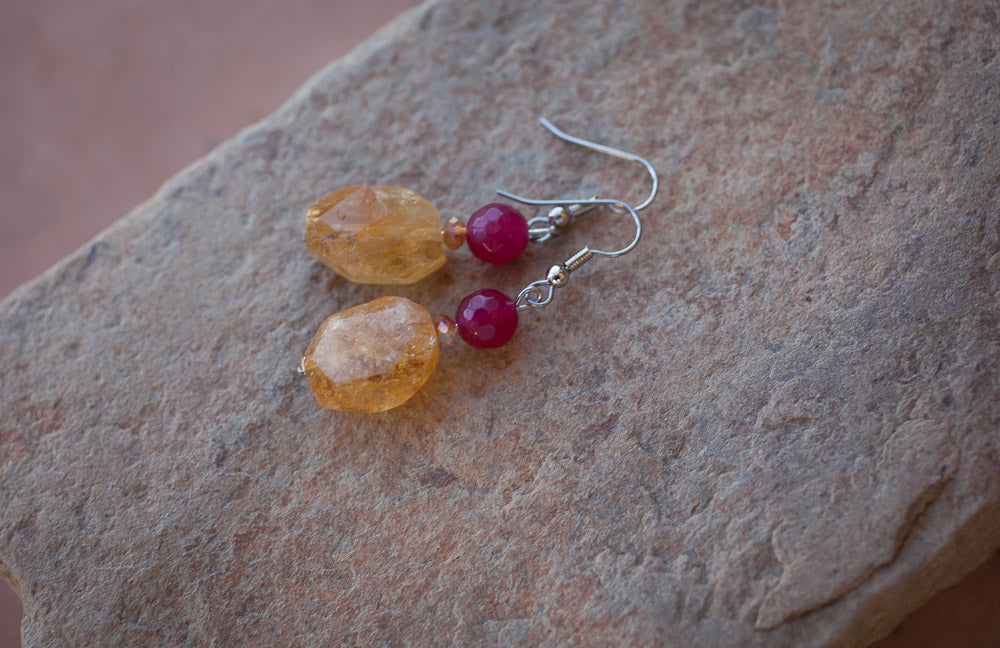Golden Citrine & Plum Jade Dangle Earrings