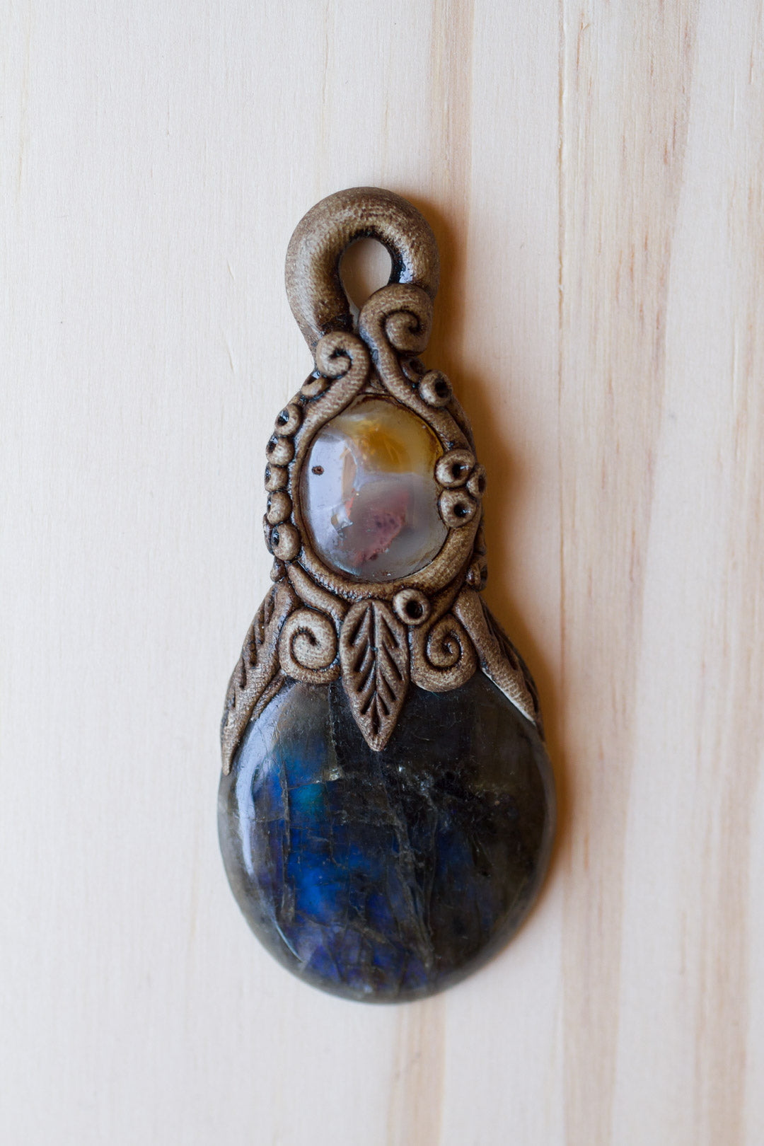 Labradorite Gemstone Pendant with Polymer Clay