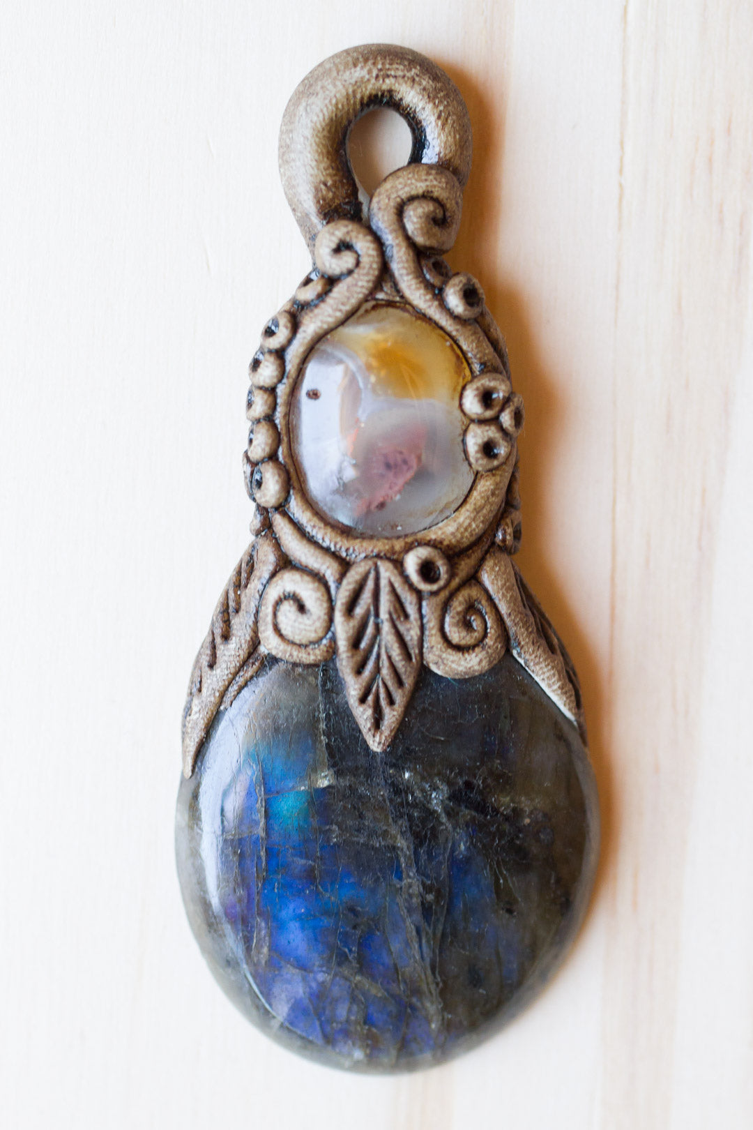 Labradorite Gemstone Pendant with Polymer Clay