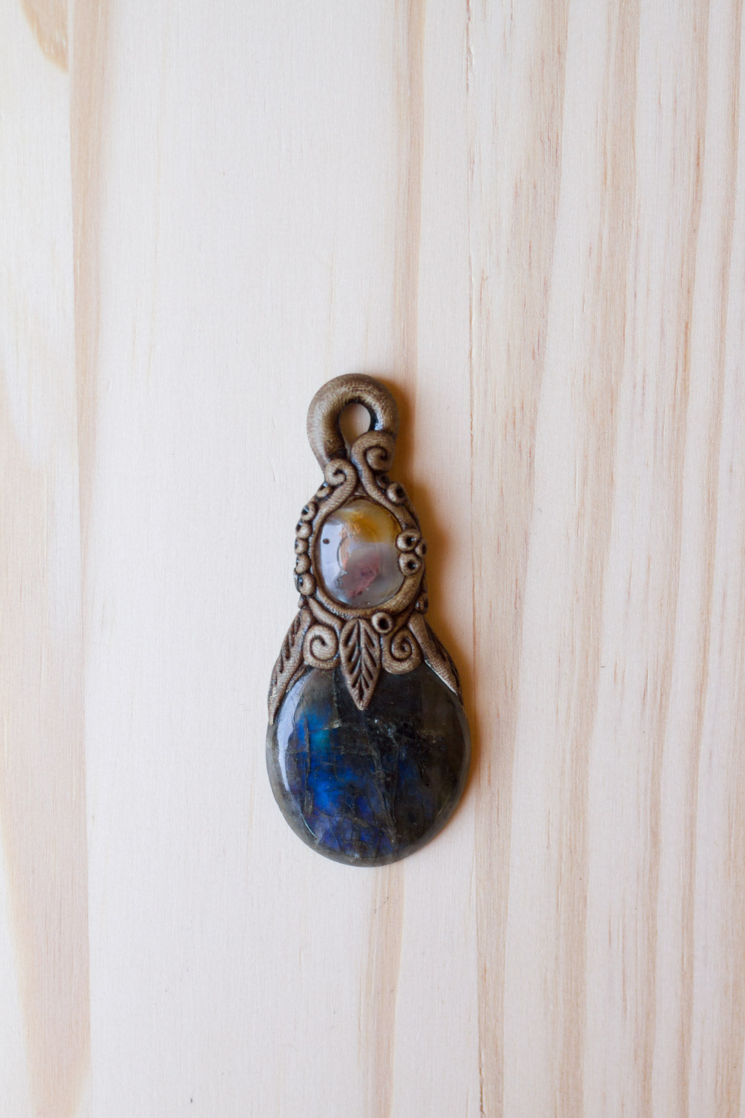 Labradorite Gemstone Pendant with Polymer Clay