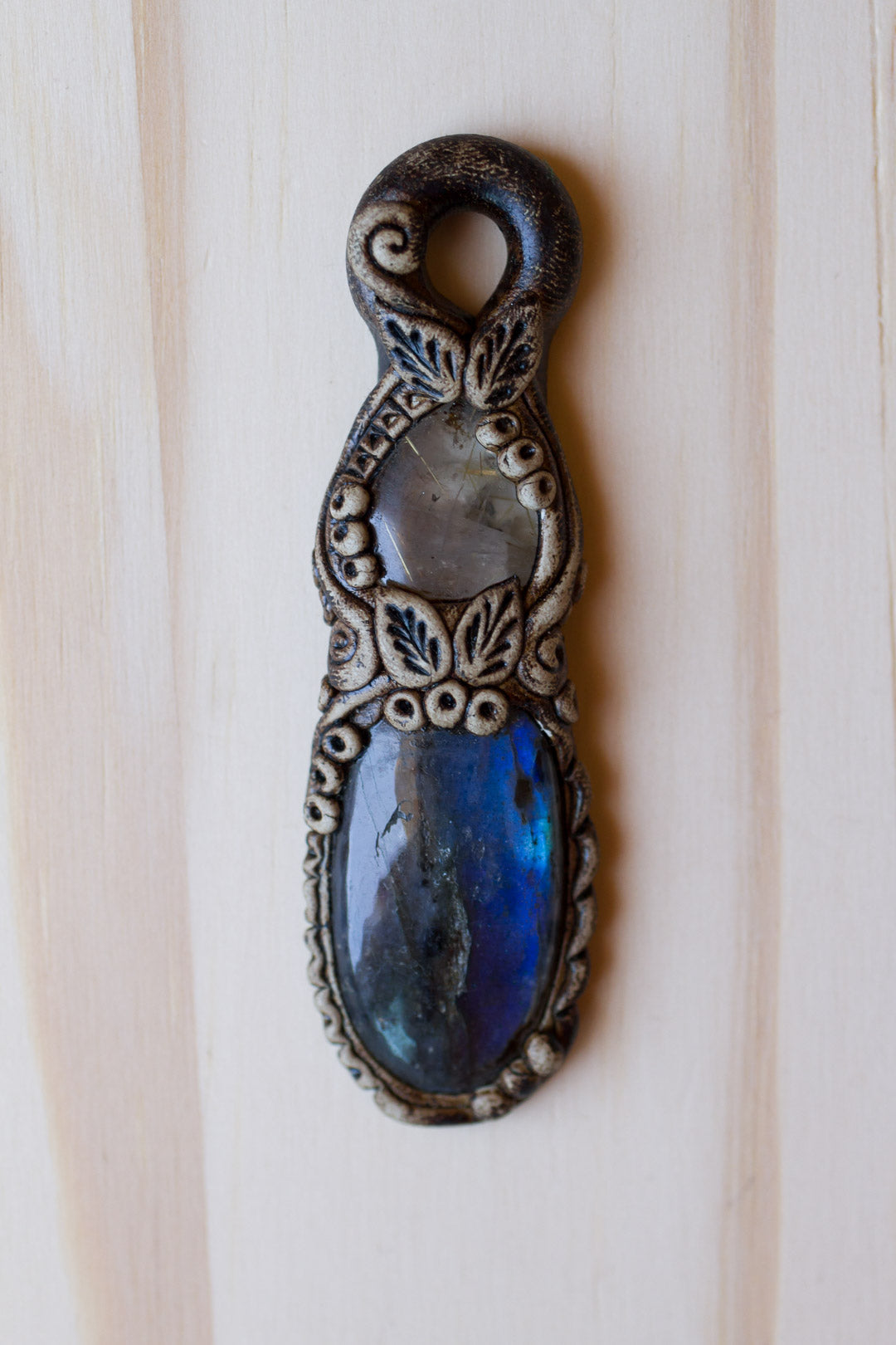 Labradorite Polymer Clay Pendant with Rutilated Quartz