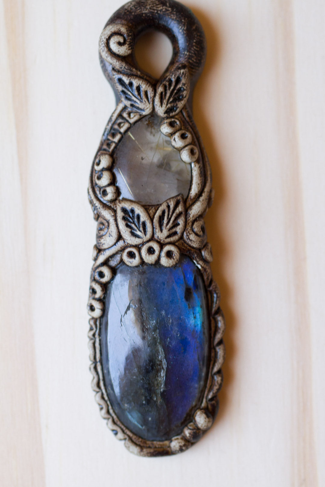 Labradorite Polymer Clay Pendant with Rutilated Quartz