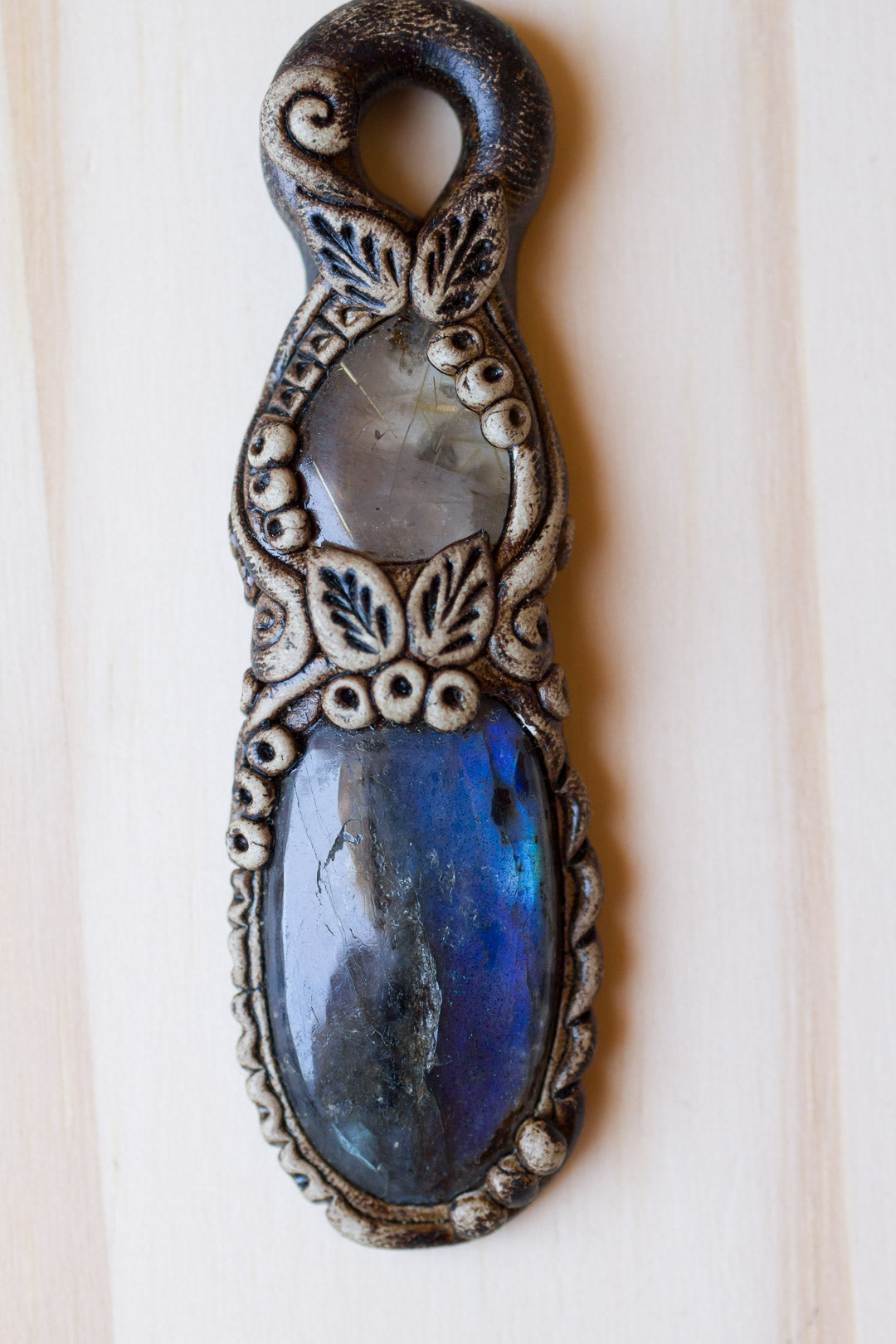 Labradorite Polymer Clay Pendant with Rutilated Quartz