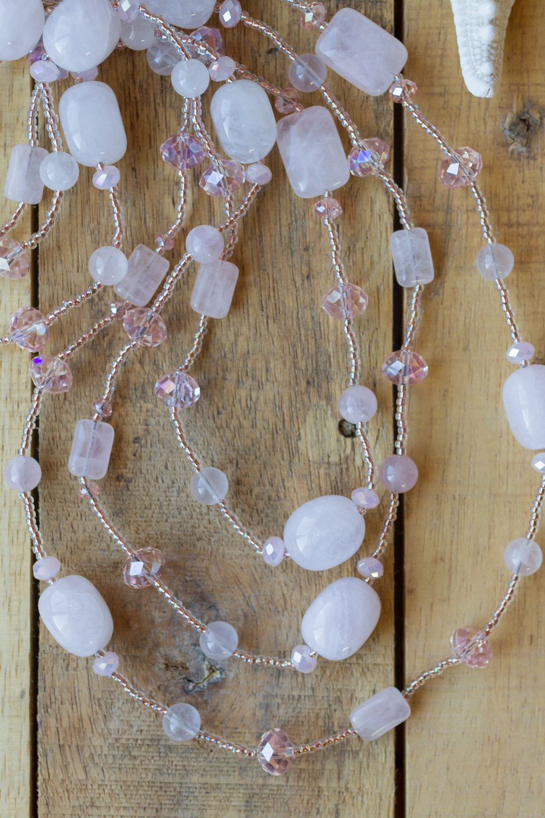 60" Extra Long Beaded Pale Pink Rose Quartz & Crystal Necklace - My Urban Gems