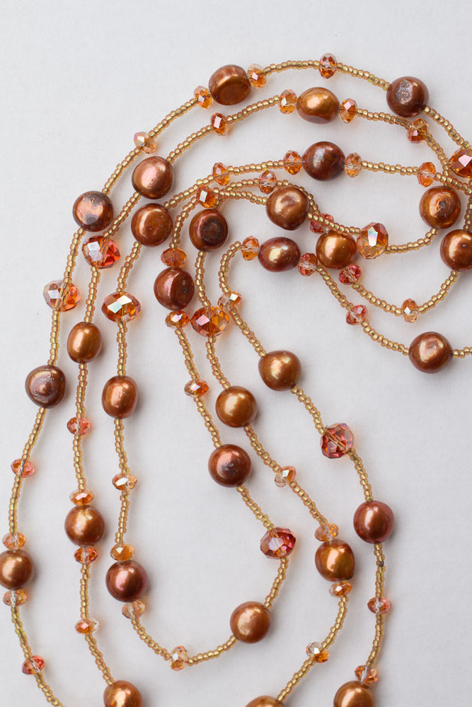 60" Extra Long Wraparound Beaded Copper Freshwater Pearl & Crystal Necklace