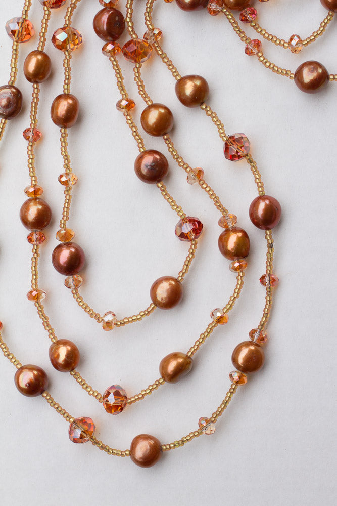 60" Extra Long Wraparound Beaded Copper Freshwater Pearl & Crystal Necklace