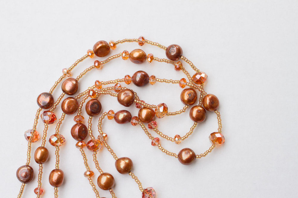60" Extra Long Wraparound Beaded Copper Freshwater Pearl & Crystal Necklace