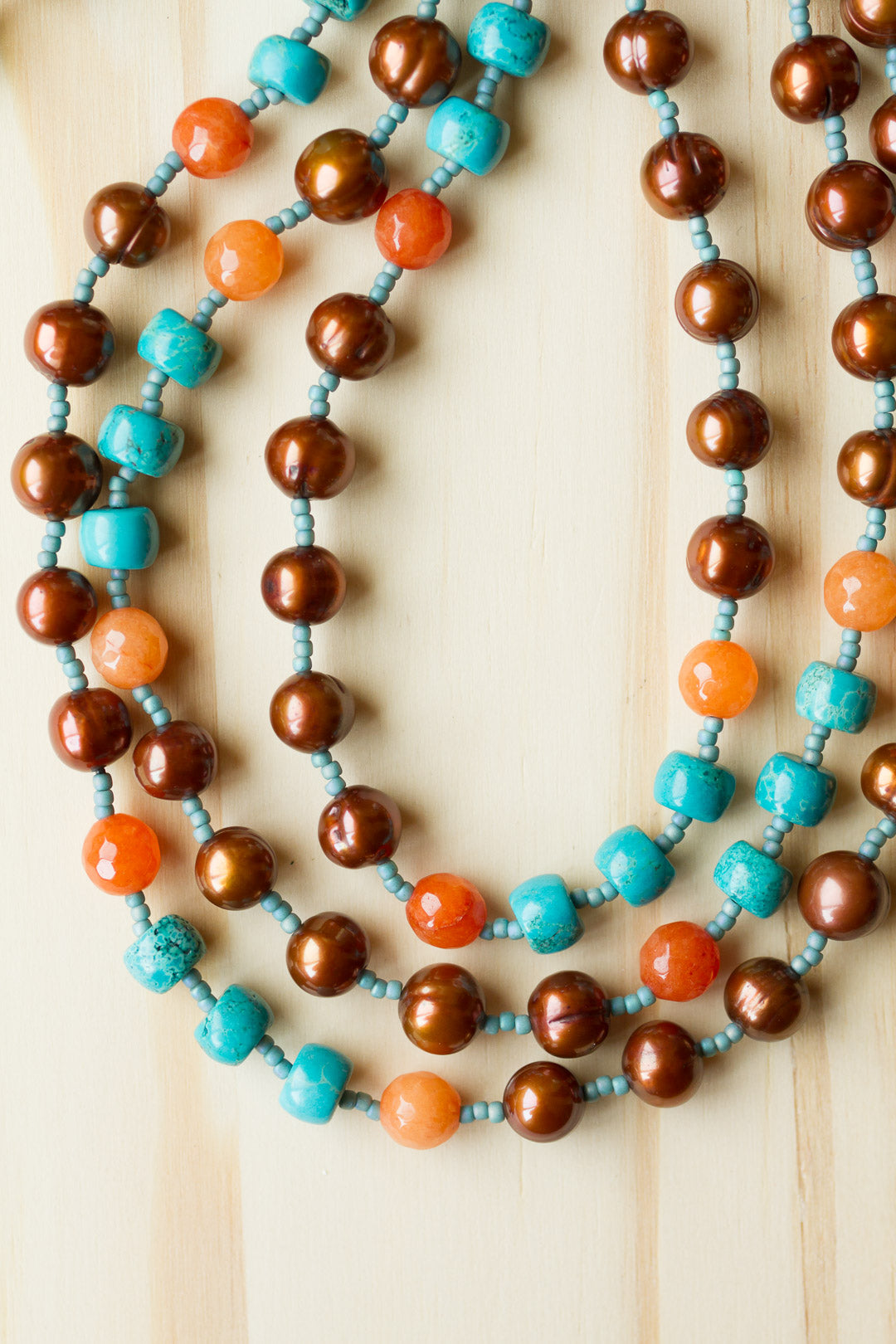 60" Extra Long Brown Freshwater Pearl Beaded Wraparound Necklace with Orange Agate & Turquoise Beads - My Urban Gems