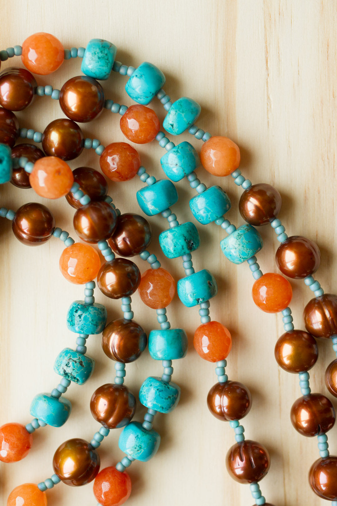60" Extra Long Brown Freshwater Pearl Beaded Wraparound Necklace with Orange Agate & Turquoise Beads - My Urban Gems