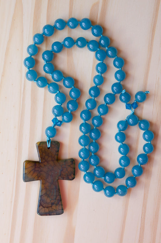 28" Long Dragon Vein Agate Cross Pendant Necklace with Angelite Beads