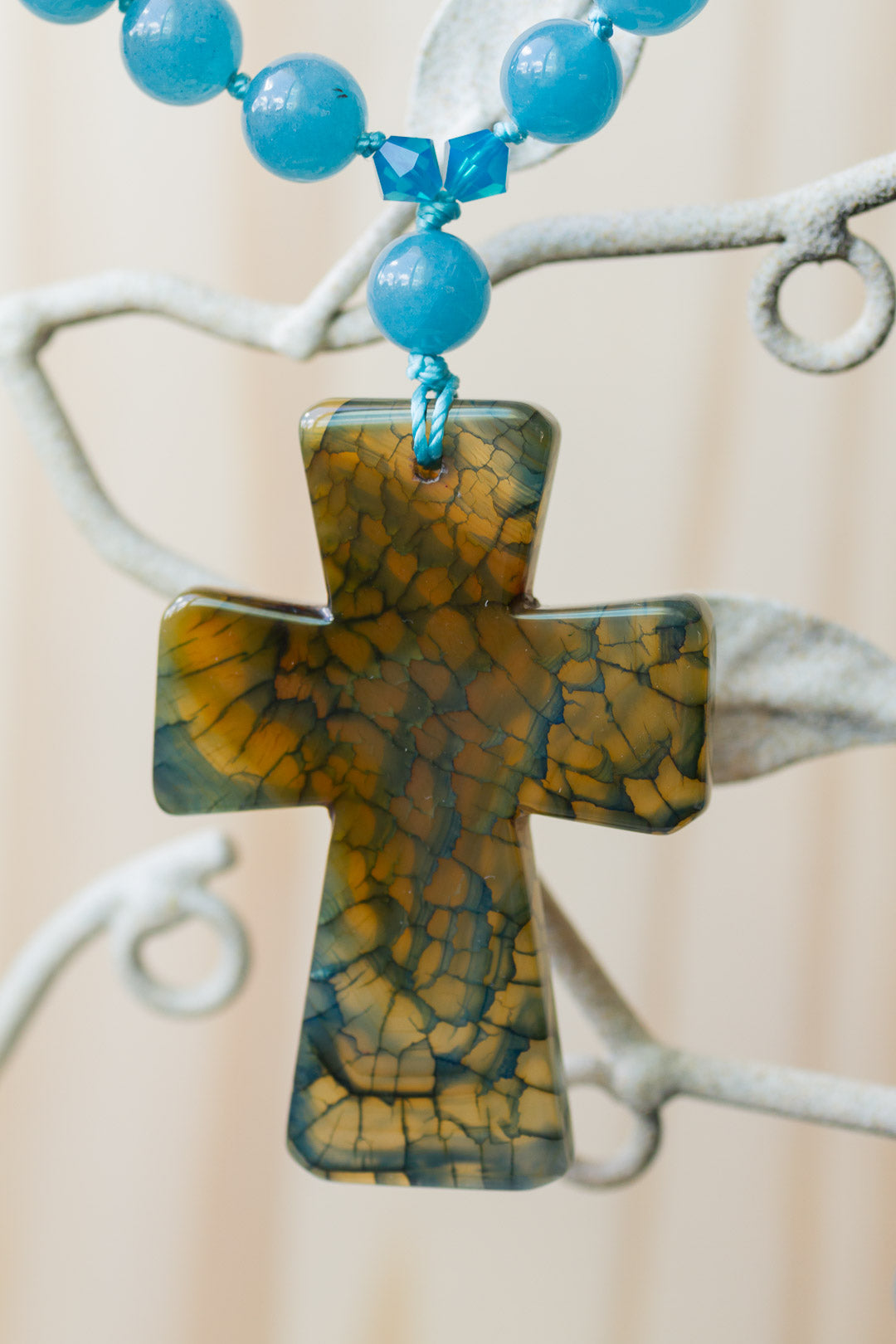 28" Long Dragon Vein Agate Cross Pendant Necklace with Angelite Beads