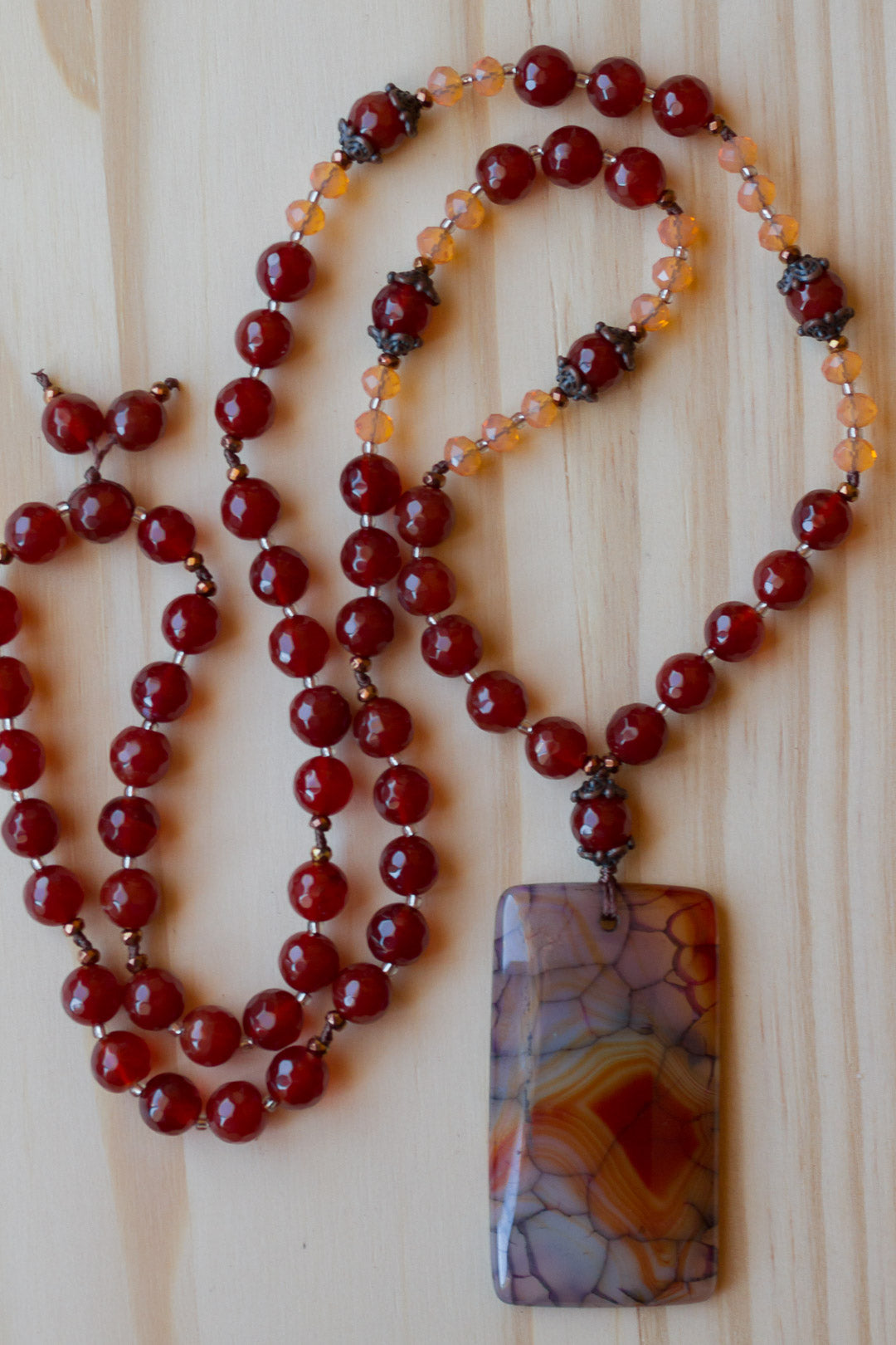 30" Dragon Vein Agate Beaded Pendant Necklace with Red Agate & Peach Crystal Beads