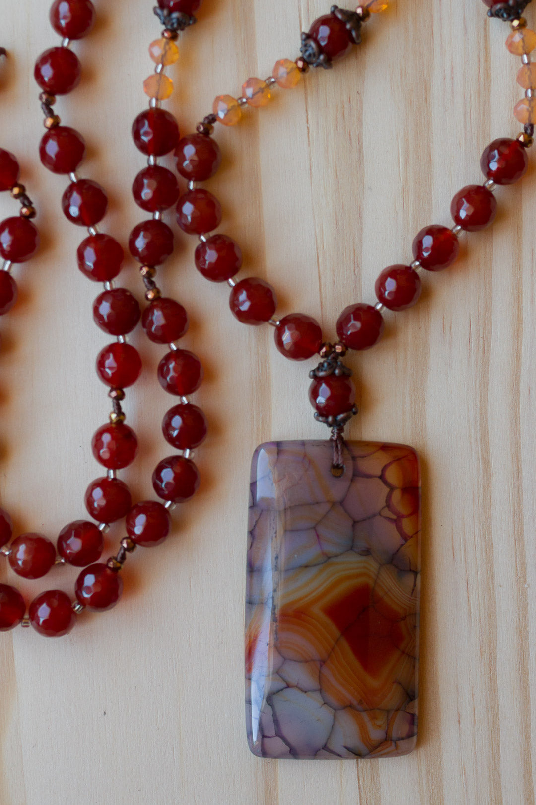 30" Dragon Vein Agate Beaded Pendant Necklace with Red Agate & Peach Crystal Beads