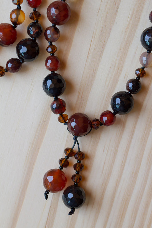 30" Black Brown Agate Beaded Necklace with Crystal Beads - My Urban Gems