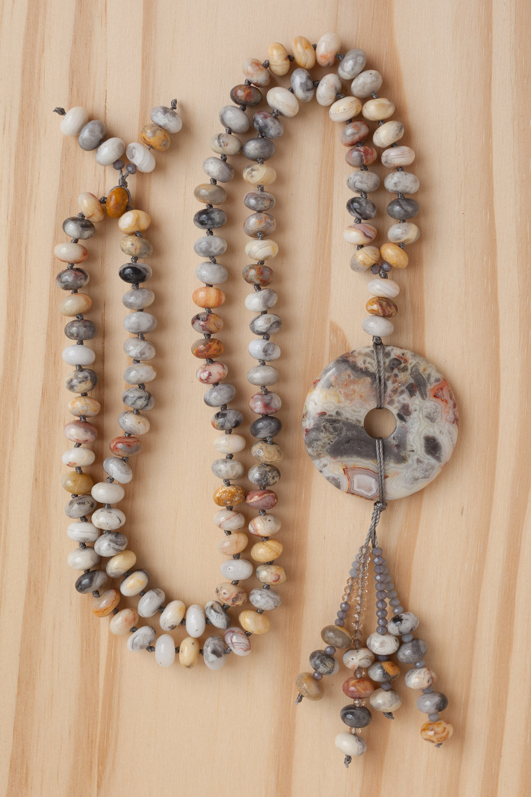 28" Long Crazy Lace Agate Donut Necklace with Agate Rondelle Beads