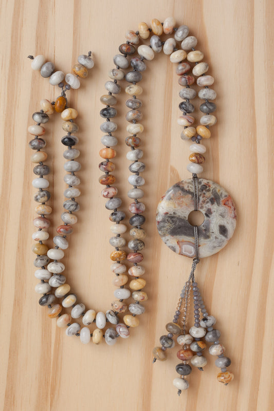 28" Long Crazy Lace Agate Donut Necklace with Agate Rondelle Beads