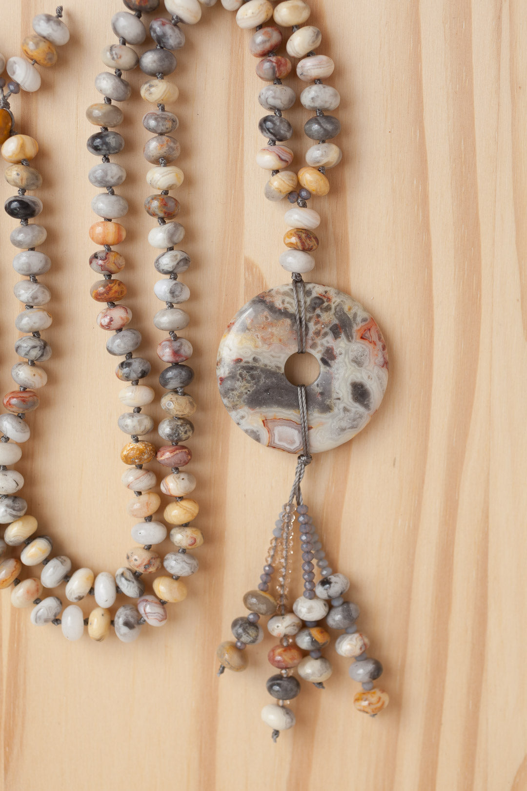 28" Long Crazy Lace Agate Donut Necklace with Agate Rondelle Beads