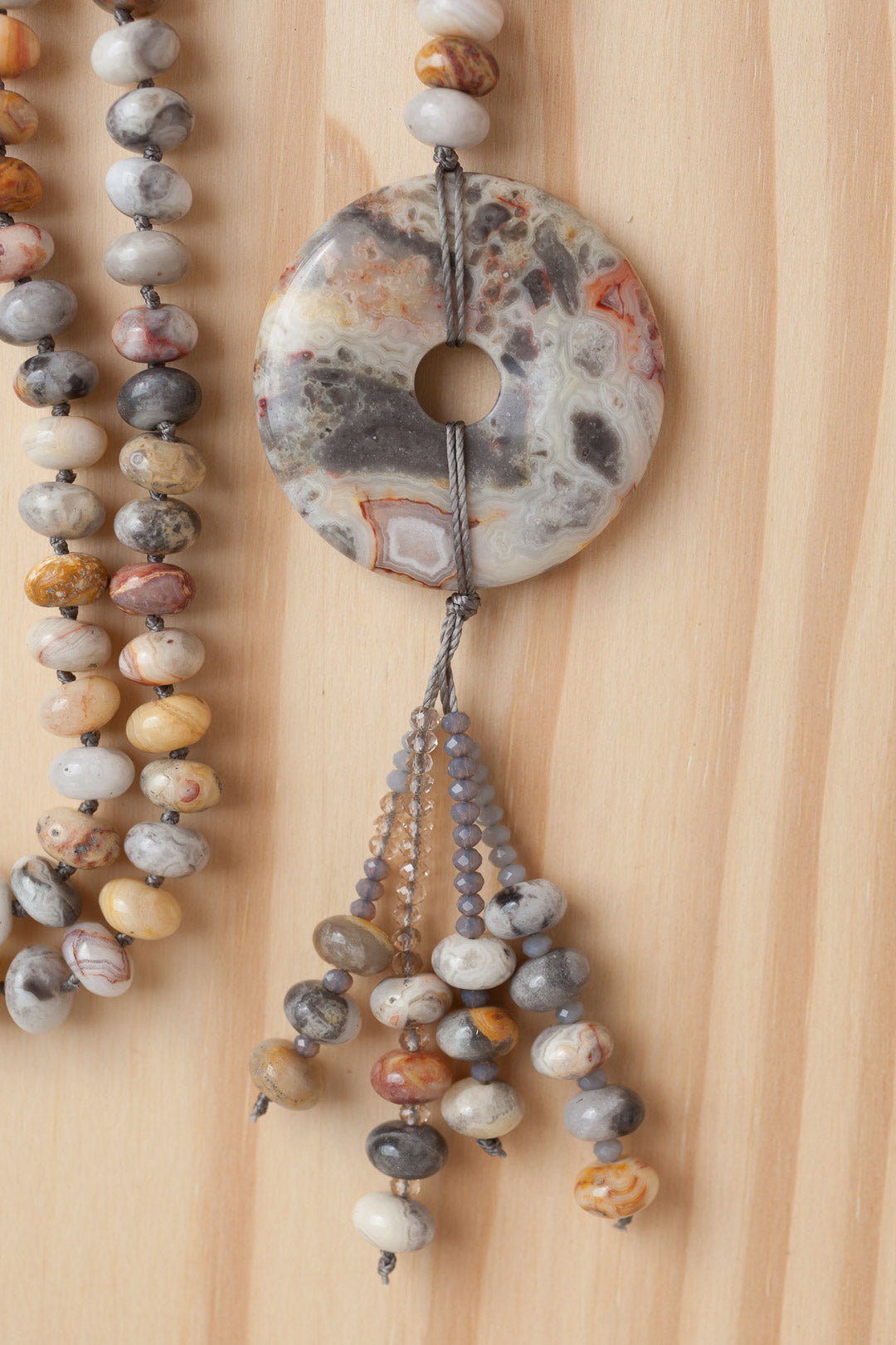 28" Long Crazy Lace Agate Donut Necklace with Agate Rondelle Beads
