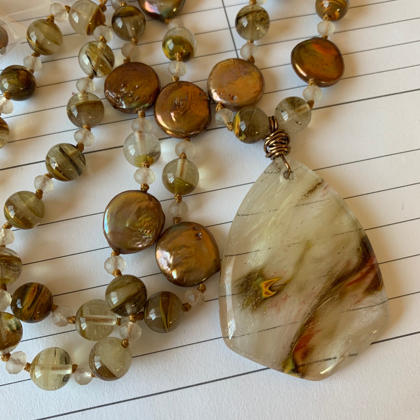 28" Long Volcano Quartz Pendant Necklace with Coin Pearl & Crystal Beads