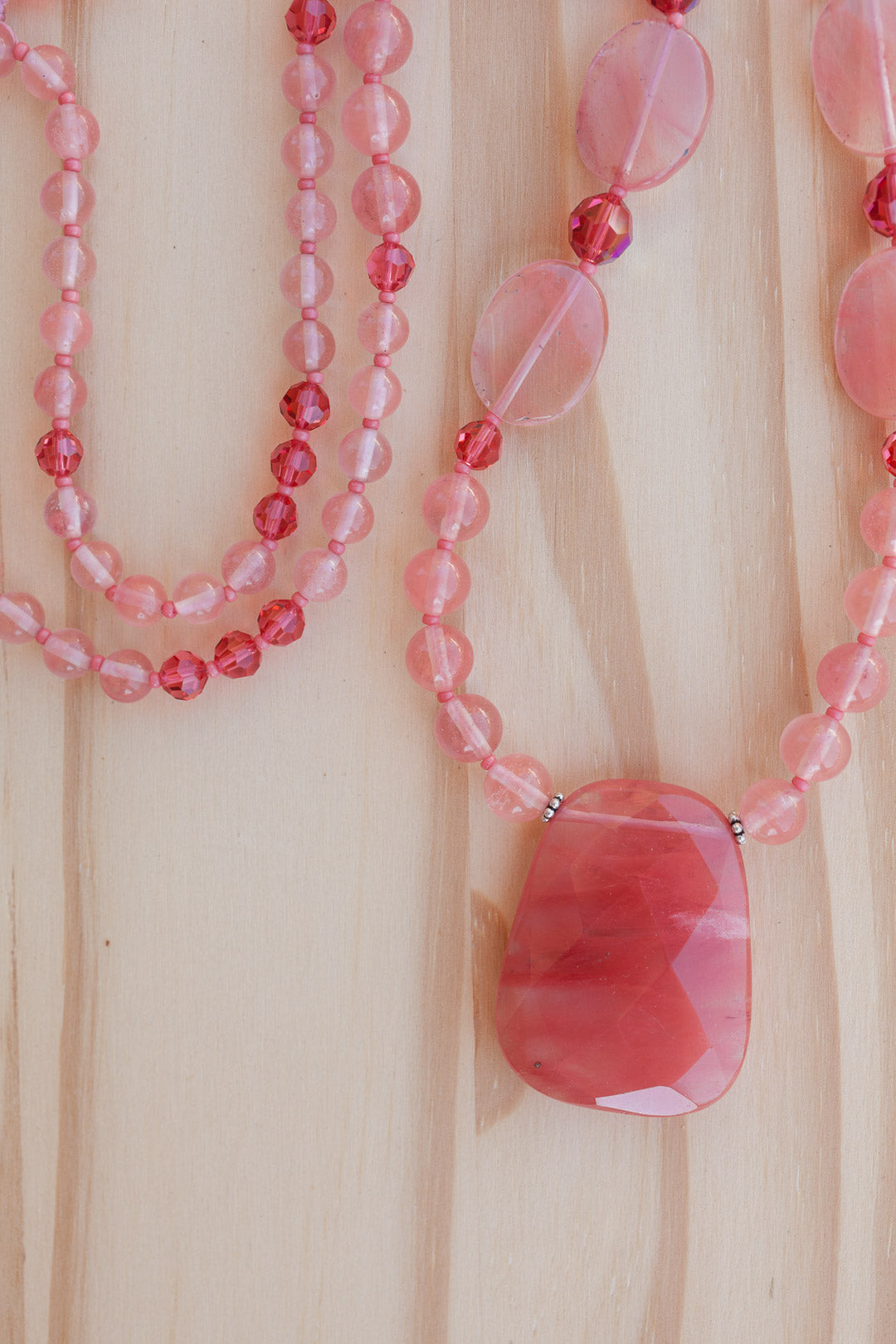 28" Long Cherry Quartz Pendant Necklace with Quartz & Crystal Beads