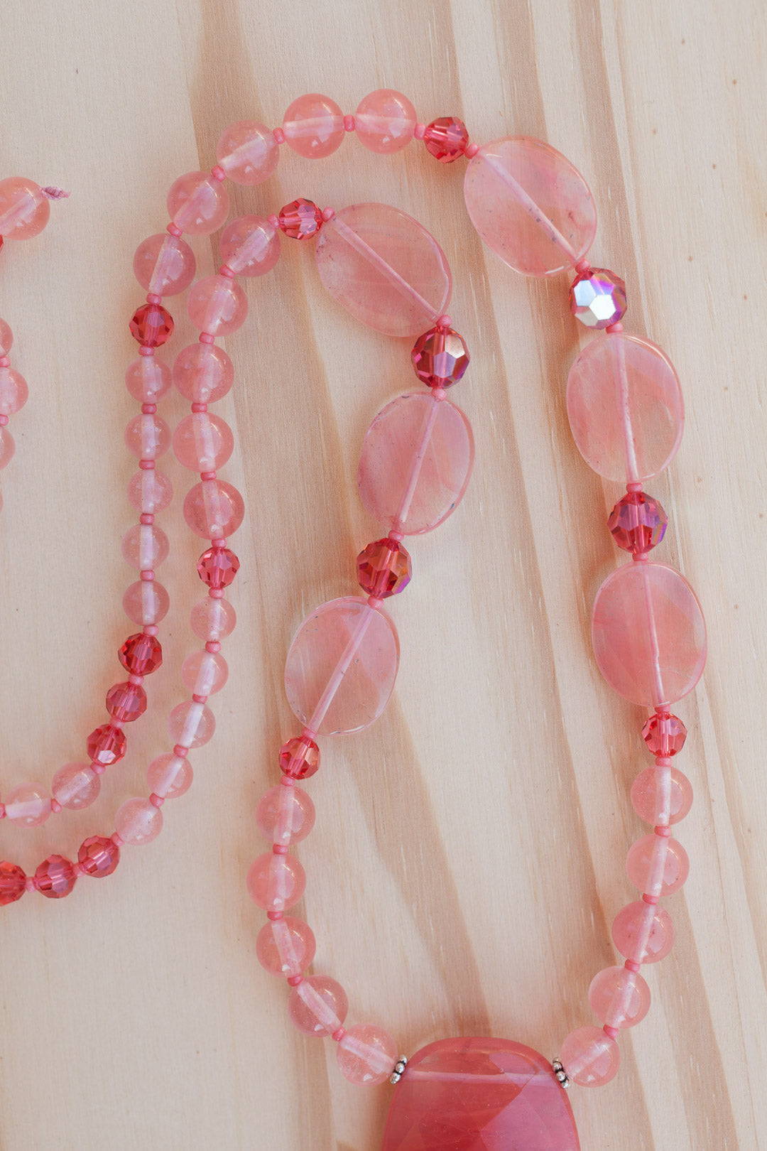 28" Long Cherry Quartz Pendant Necklace with Quartz & Crystal Beads