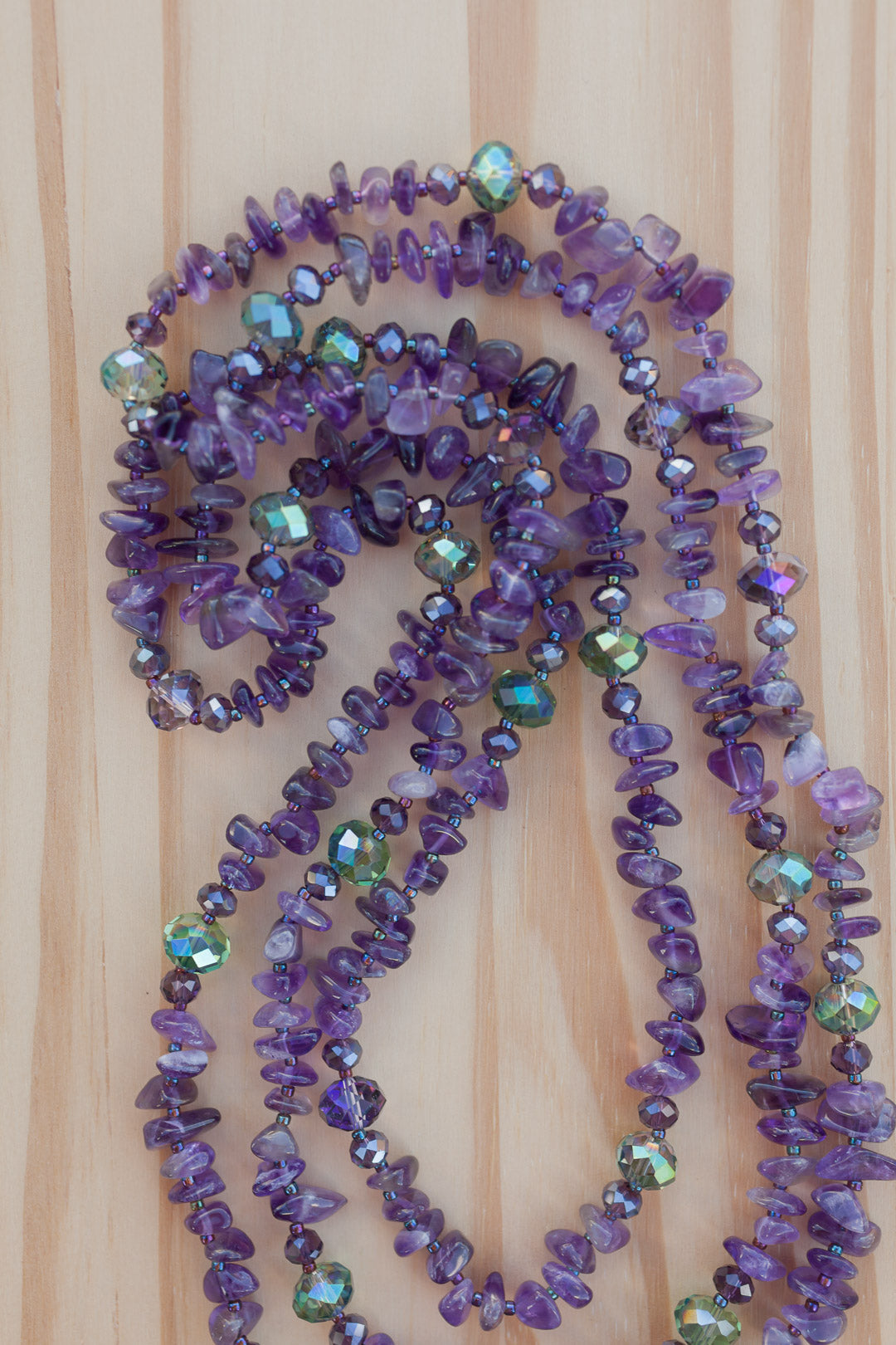 60" Extra Long Beaded Amethyst Chip Necklace with Crystal Beads