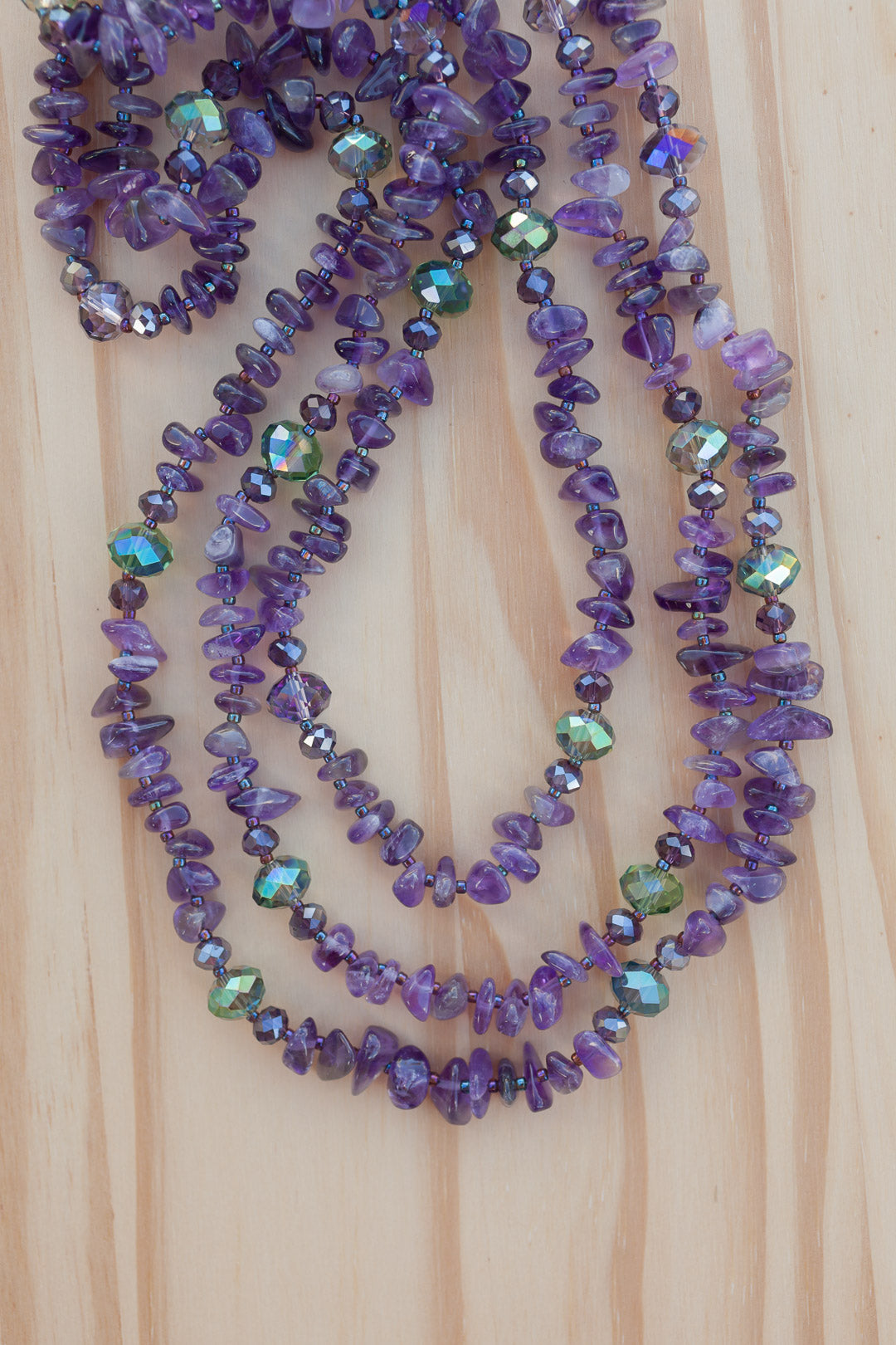 60" Extra Long Beaded Amethyst Chip Necklace with Crystal Beads