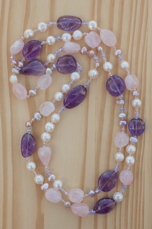 55" Extra Long Amethyst, Rose Quartz, Pearl & Crystal Beaded Necklace