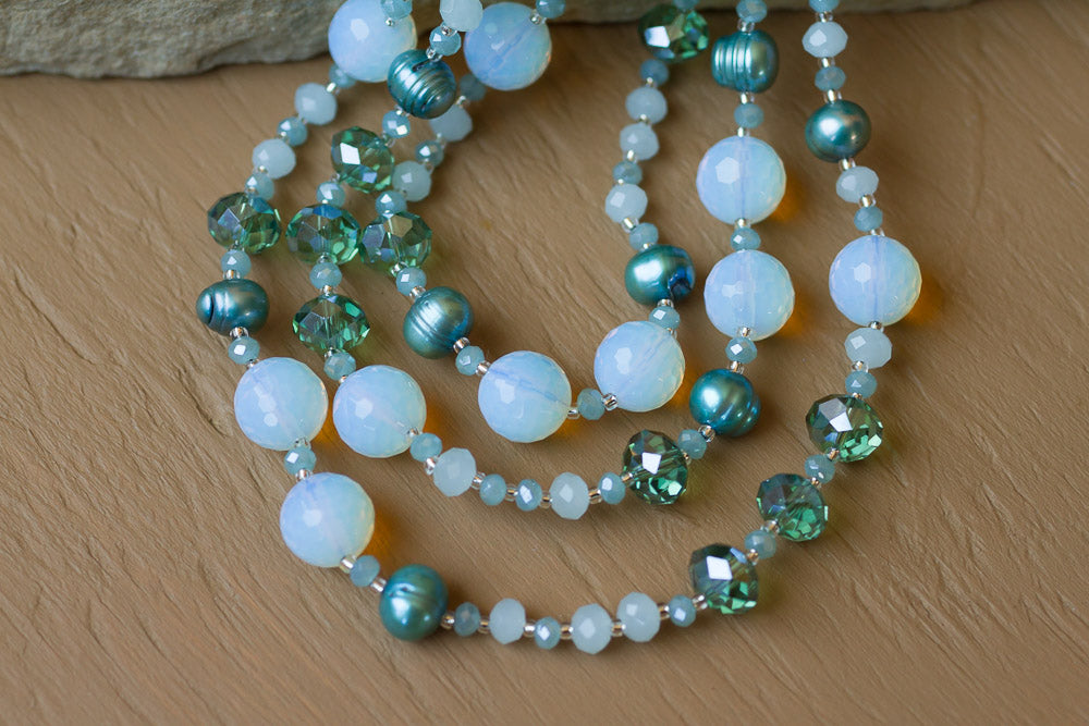 60" Opalite, Teal Pearl & Crystal Necklace
