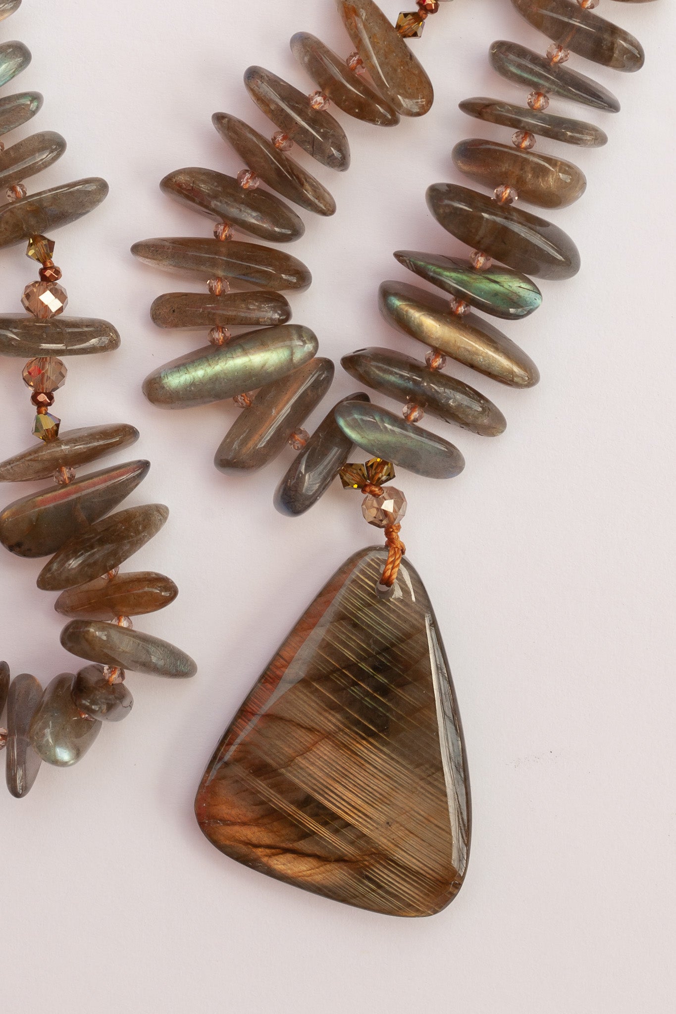 28" Long Labradorite Beaded Pendant Necklace with Labradorite Tumbled Chip Beads and Crystal Accents
