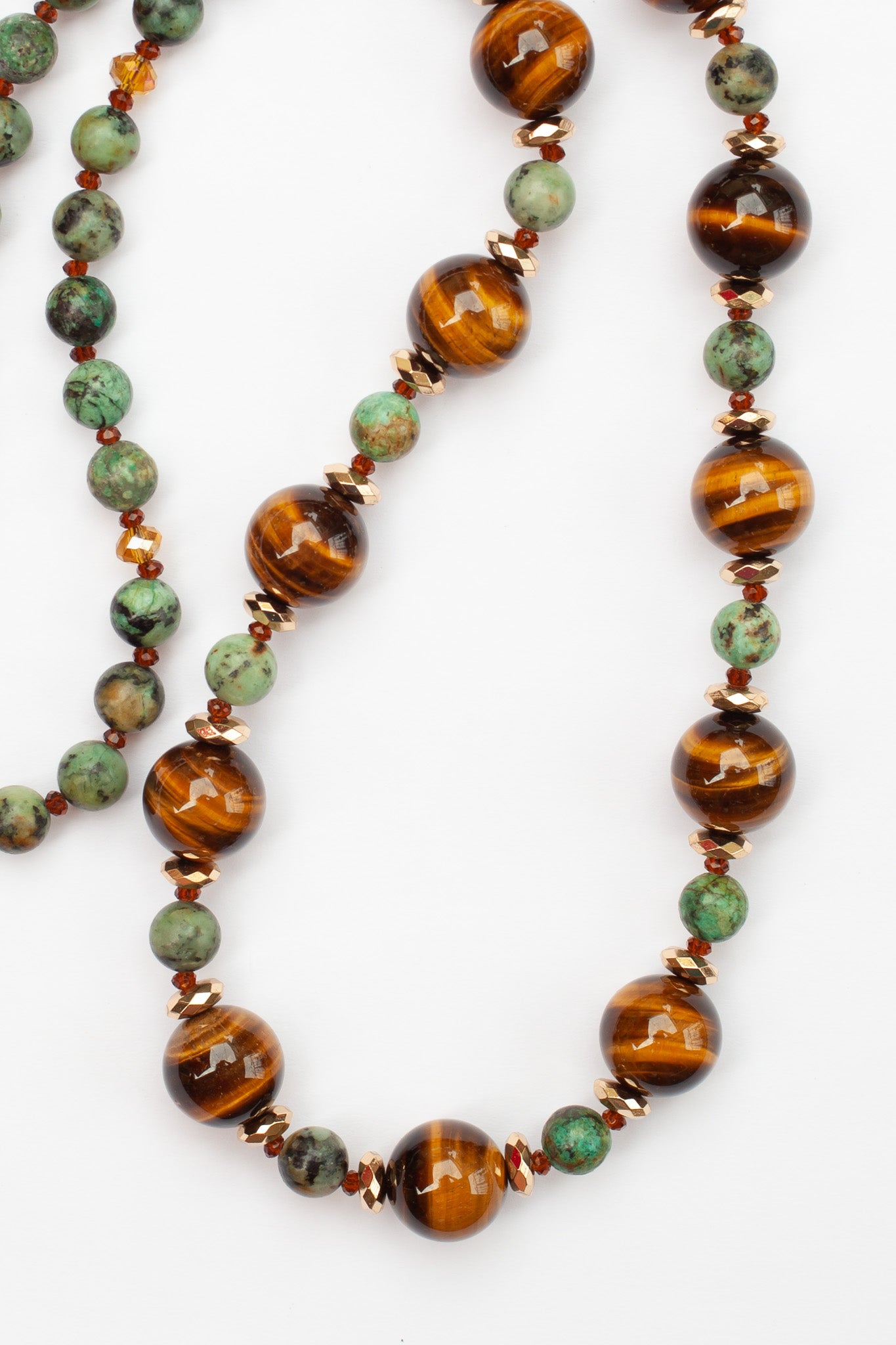 28" Long Tiger Eye & African Turquoise Beaded Necklace