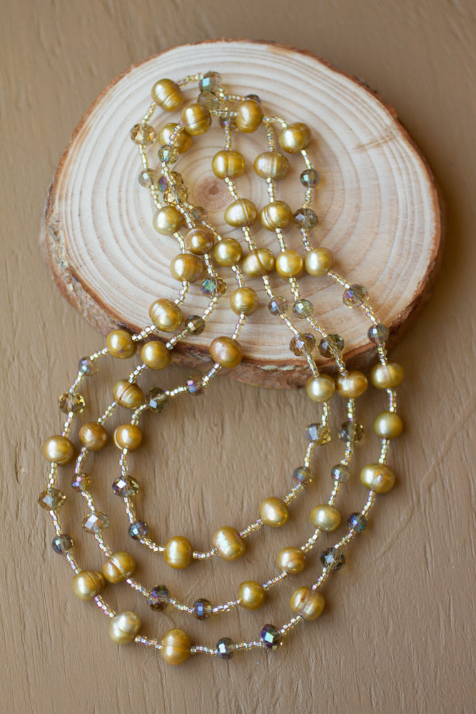 46" Long Gold Freshwater Pearl & Crystal Beaded Necklace