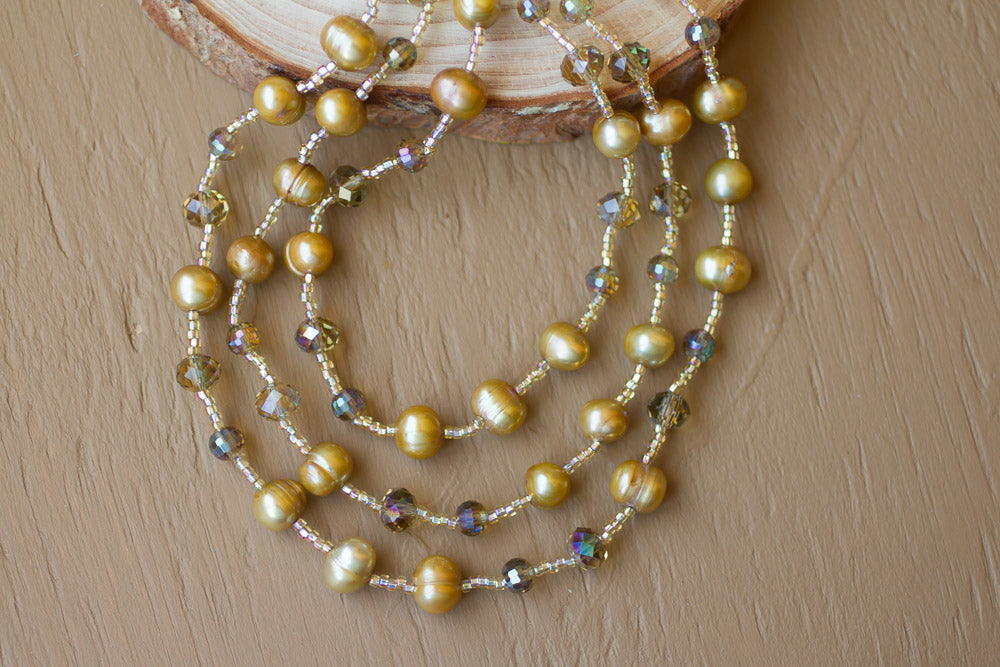 46" Long Gold Freshwater Pearl & Crystal Beaded Necklace