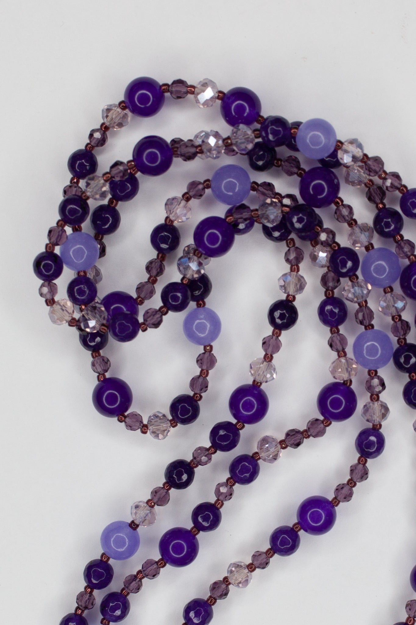 60" Extra Long Wraparound Beaded Purple Jade Necklace with Crystal Beads